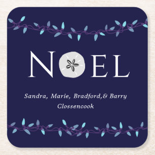 Noel Navy Blue Sand Dollar Nautical Christmas Square Paper Coaster