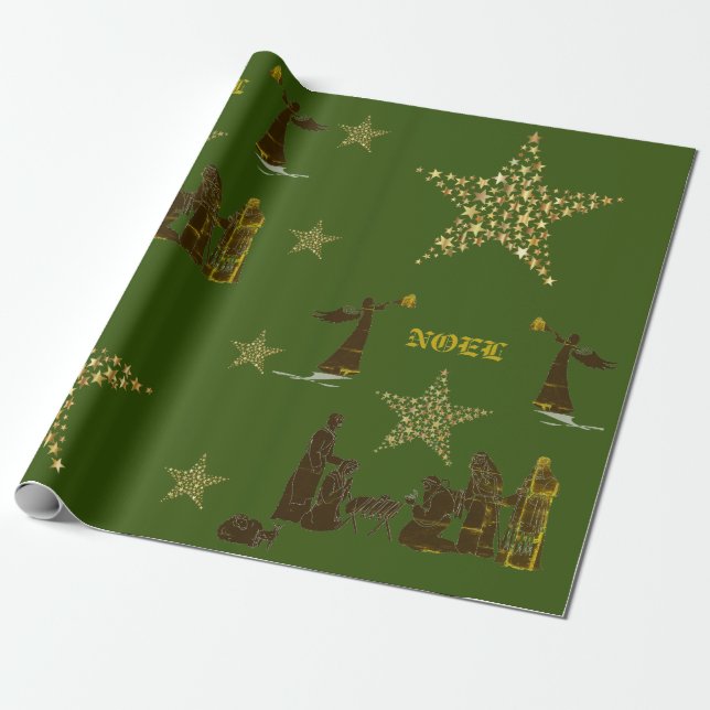 Noel Navy Green Holiday Wrapping Paper (Unrolled)