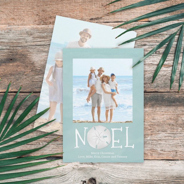 Noel Photo Christmas Blue Beach Sand Dollar Holiday Card (Christmas Holiday Noel Creative Typography Beach Photo Card with a two-photo template.)
