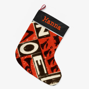 Noel Red Block Print Large Christmas Stocking