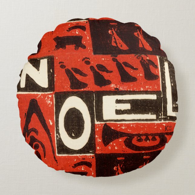 Noel Red Block Print Round Cushion (Front)