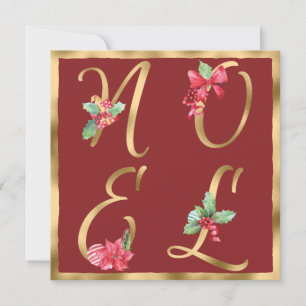 NOEL Red & Gold Holly Berries Poinsettia Christmas Holiday Card