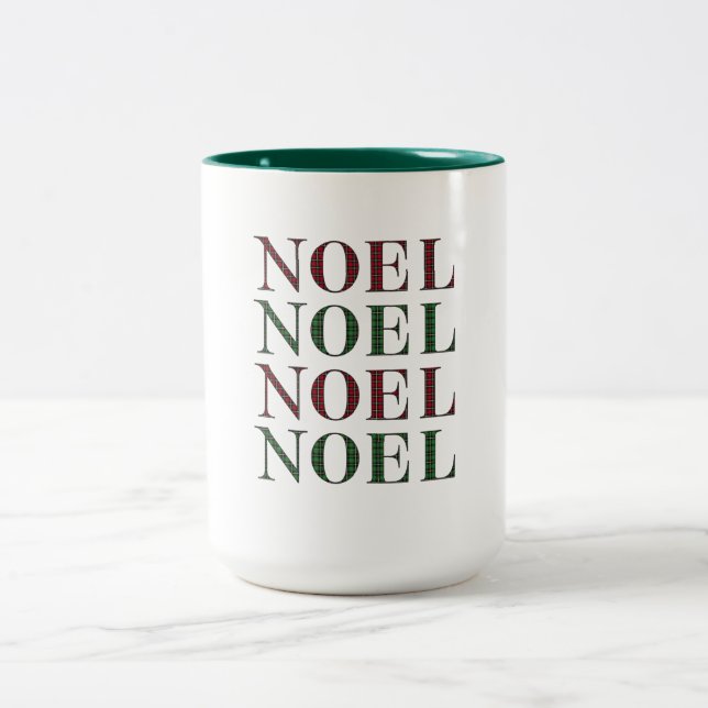 Noel Red & Green Plaid Pattern Christmas  Two-Tone Coffee Mug (Center)
