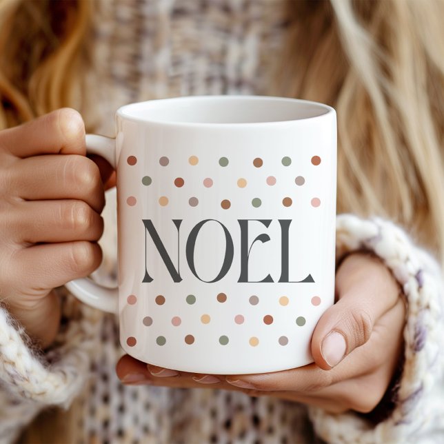 "NOEL" Retro Dotted Christmas Gift Mug ("NOEL" Retro Dotted Christmas Gift Mug in a girl's hands.)