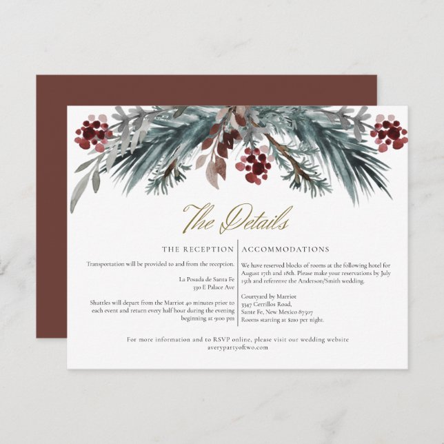 NOEL Rustic Winter Christmas Pine Wedding Details  Invitation (Front/Back)