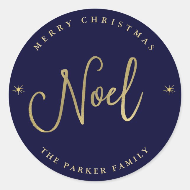 Noel | Stars at Night on Christmas Gold and Navy Classic Round Sticker (Front)