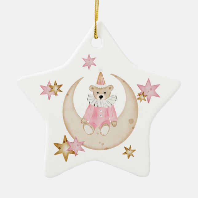 Noel teddy bear Christmas tree name ribbon Ceramic Ornament (Front)