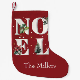 Noël text design with beautiful winter plants small christmas stocking