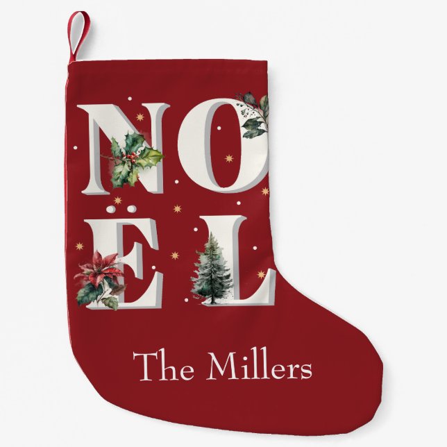 Noël text design with beautiful winter plants small christmas stocking (Front)