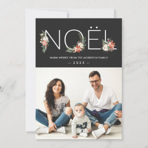 NOEL Typography Poinsettia Floral Christmas Photo Holiday Card