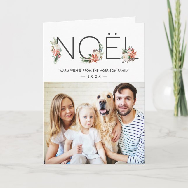NOEL Typography Poinsettia Floral  Photo Christmas Holiday Card (Front)