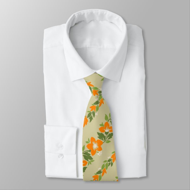 Noelani Lei Hawaiian Floral Stripe Khaki Tie (Tied)