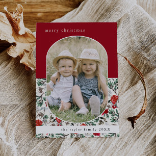  NOELLE Red Floral Pattern Family Photo Christmas Holiday Card