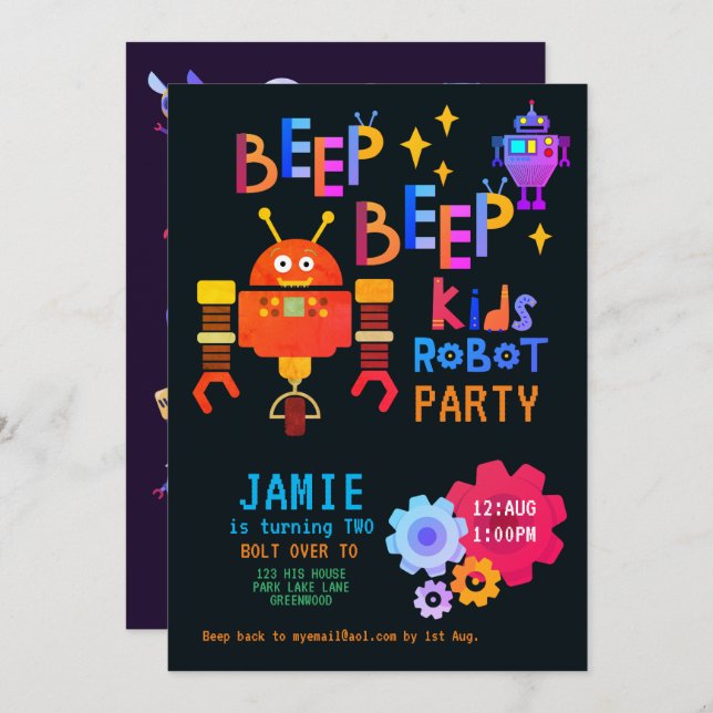 NOEON ROBOT 2nd Birthday Party Boy Girl Funny Invitation (Front/Back)