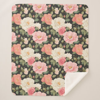 Noir Blossom Warmth Elegant Hand-Drawn Style Roses Sherpa Blanket