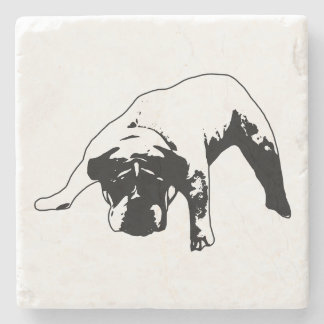 Noir bulldog power‑pose etched in pure contrast stone coaster