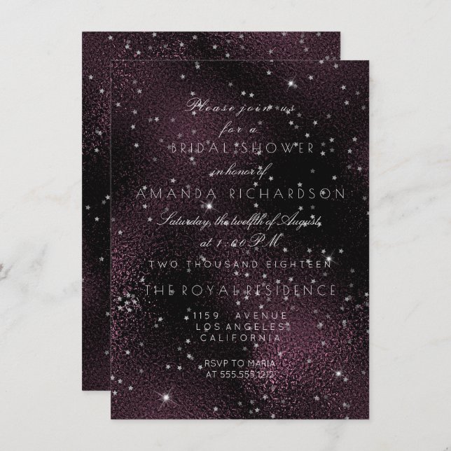 Noir Burgundy Silver Stars Bridal Bachelorette Invitation (Front/Back)