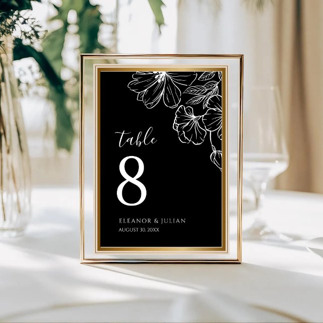 Noir Minimalist Black & White Botanical Table Number (Creator Uploaded)