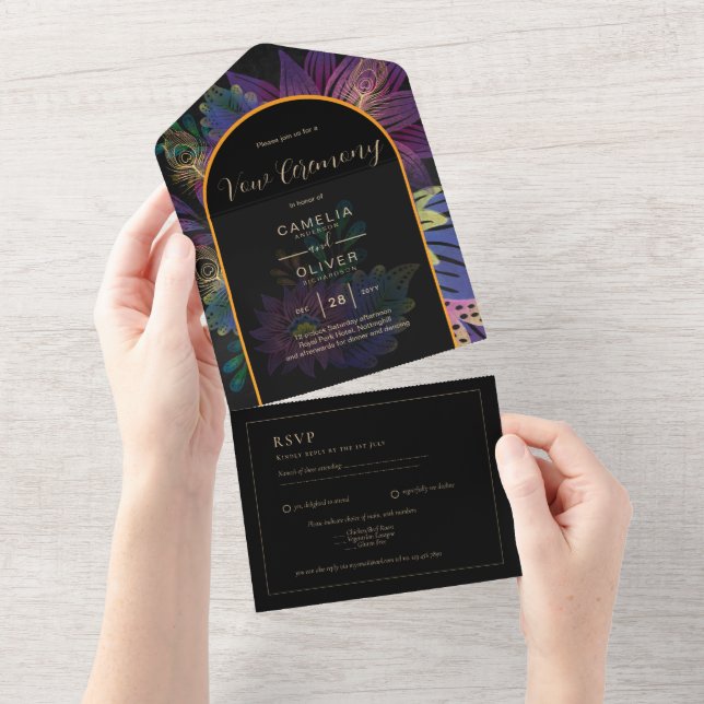 Noir Peacock Jewel Tones Floral VOW Renewal All In One Invitation (Tearaway)