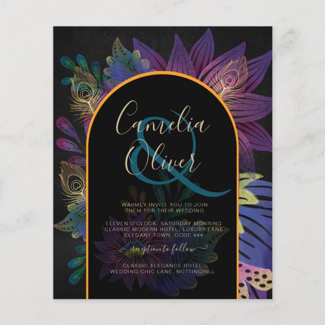 Noir Peacock Jewel Tones Floral Wedding Flyer (Front)