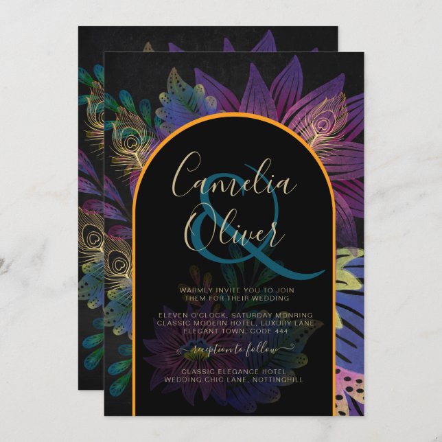 Noir Peacock Jewel Tones Floral Wedding Invitation (Front/Back)