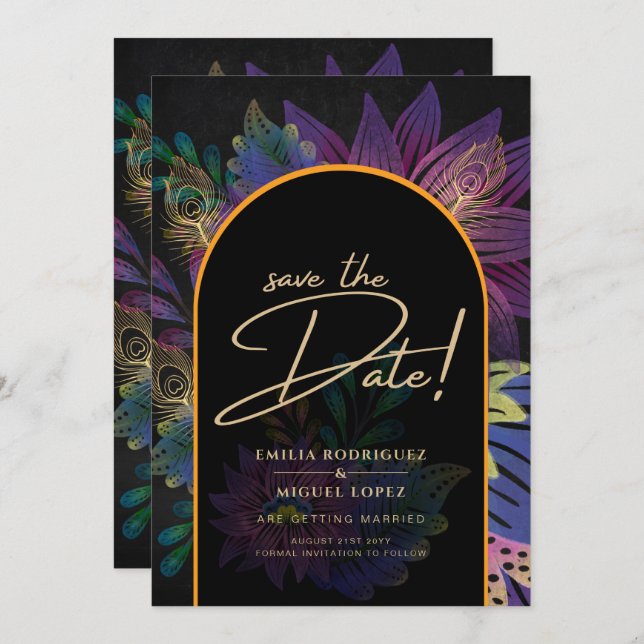 Noir Peacock Jewel Tones Floral Wedding Invitation (Front/Back)