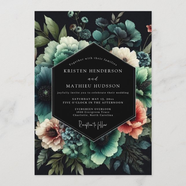 Noir Teal Bloom Wedding Invitation (Front)