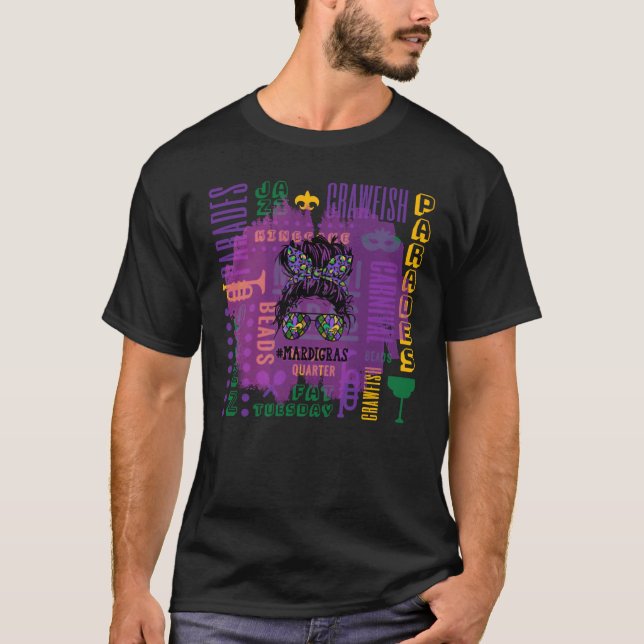 NOLA & Fat Tuesday Messy Bun Mardi Gras T-Shirt (Front)