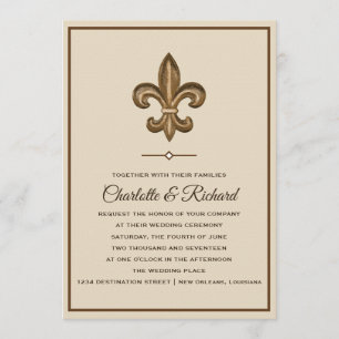 Nola Gold & Taupe French Fleur De Lis Wedding Invitation