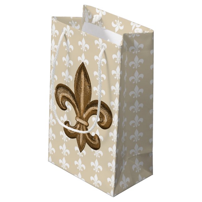 Nola Gold & White French Fleur De Lis Small Gift Bag (Back Angled)