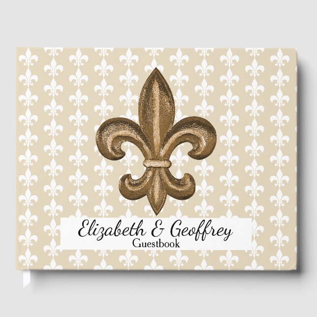 Nola Gold & White French Fleur De Lis Wedding Guest Book (Front)