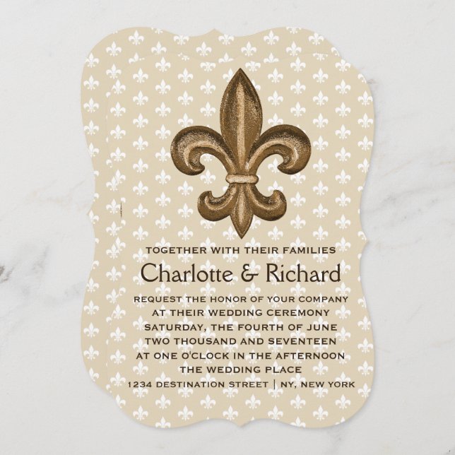 Nola Gold & White French Fleur De Lis Wedding Invitation (Front/Back)