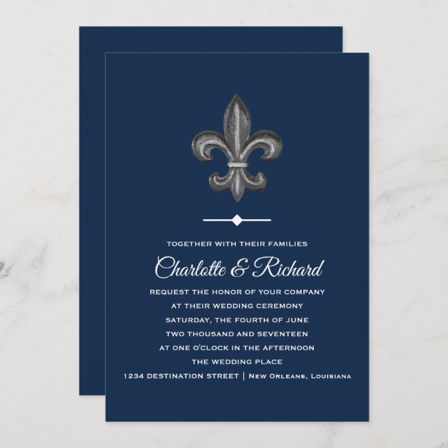 Nola Grey & Navy French Fleur De Lis Wedding Invitation (Front/Back)