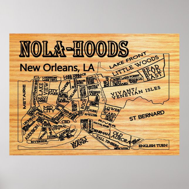 Nola-Hood New Orleans Neighbourhoods Map Poster (Front)