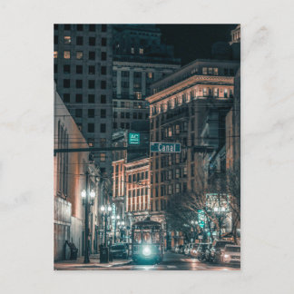 NOLA Night Scene of Street Car On Canal Street Postcard