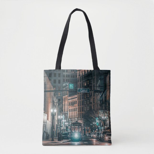 NOLA Night Scene of Street Car On Canal Street Tote Bag (Front)