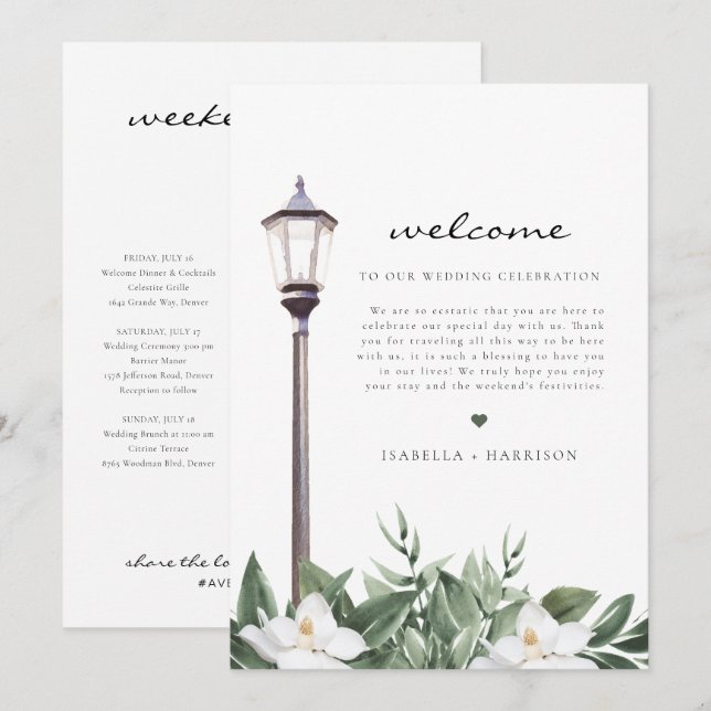 NOLA Watercolor Magnolia Welcome Letter Timeline   Menu (Front/Back)