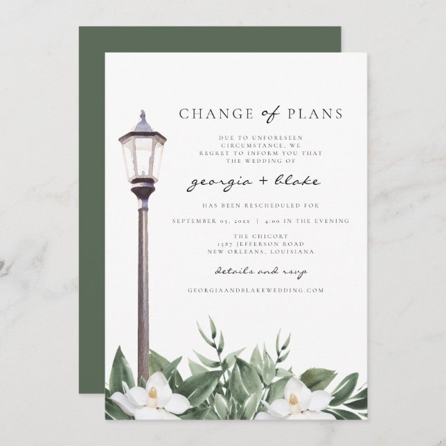 NOLA Watercolor Magnolias Wedding Change of Plans  Invitation (Front/Back)