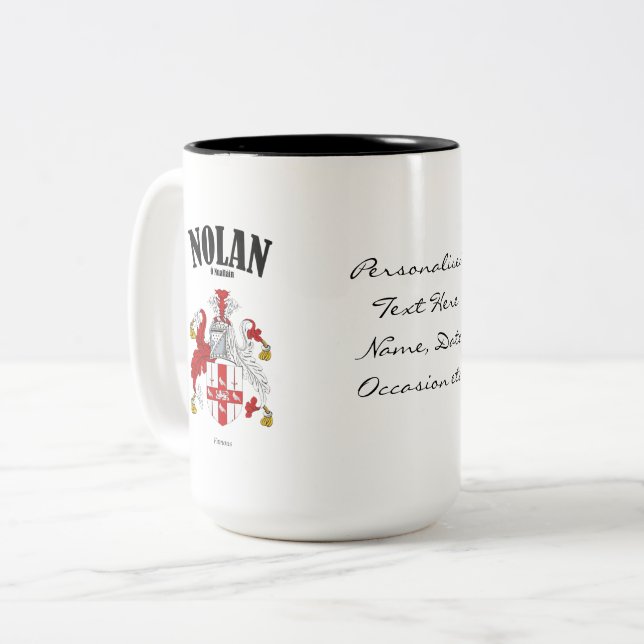 Nolan Family Crest, Translation & Meaning Two-Tone Coffee Mug (Front Left)
