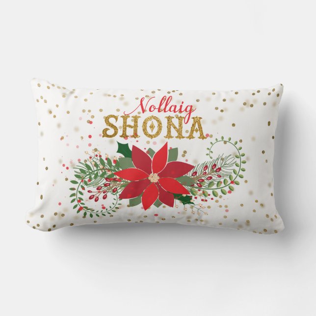 Nollaig Shona Gold Glitter Poinsettia Christmas Lumbar Cushion (Front)