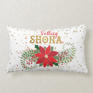 Nollaig Shona Gold Glitter Poinsettia Christmas Lumbar Cushion