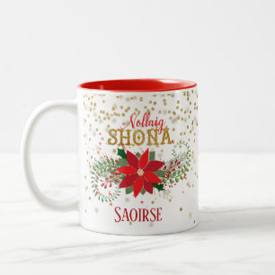 Nollaig Shona Gold Glitter Poinsettia Christmas Two-Tone Coffee Mug