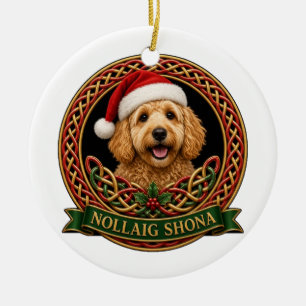 Nollaig Shona Goldendoodle Celtic Christmas Ceramic Ornament