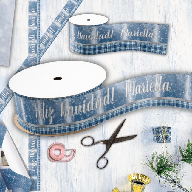 Nombre Spanish Feliz Navidad Elegante Azul Grosgrain Ribbon (Creator Uploaded)