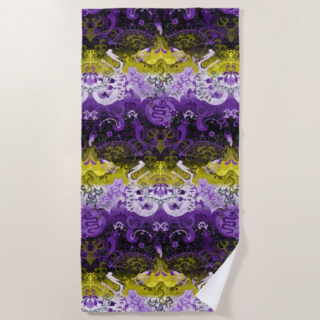 Non-Binary Dragon Damask - NonBinary Pride Flag Beach Towel (Front)