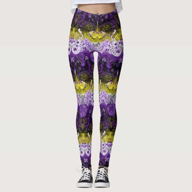 Non-Binary Dragon Damask - NonBinary Pride Flag Leggings (Front)