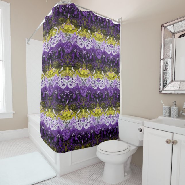 Non-Binary Dragon Damask - NonBinary Pride Flag Shower Curtain (In Situ)