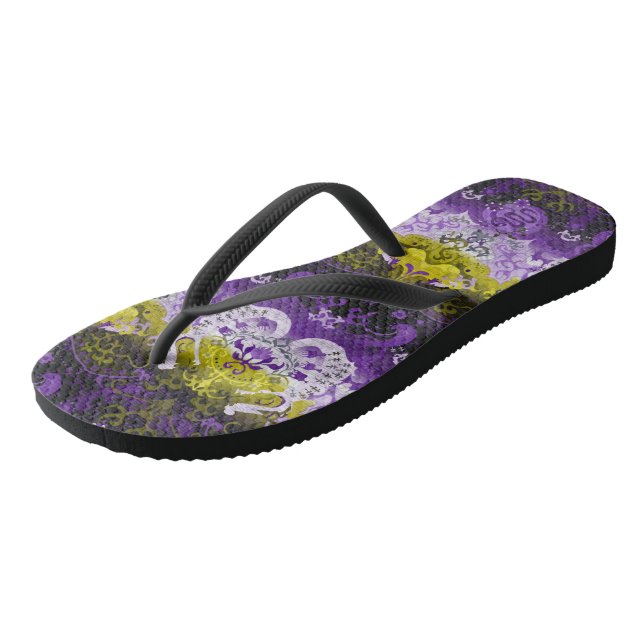 Non-Binary Dragon Damask - NonBinary Pride Flag Thongs (Angled)