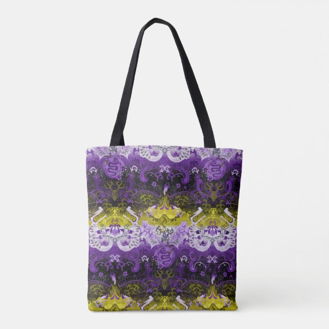 Non-Binary Dragon Damask - NonBinary Pride Flag Tote Bag (Back)