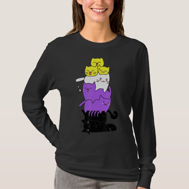 Non Binary Flag Cute Cats Pile Nonbinary Pride Cat T-Shirt (Front)
